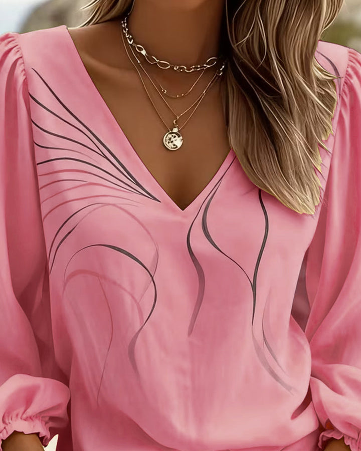 Solyna - Blusa Estampada Con Cuello en V Y Mangas Abullonadas