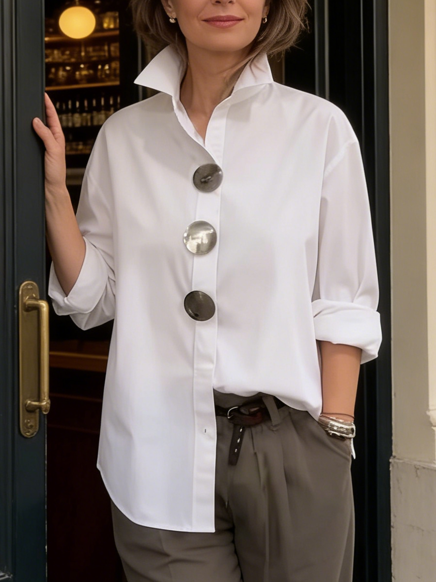 Shalani - Elegante Blusa de lino y Algodón Con Botones Metálicos