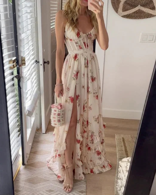 Vincena - Vestido Largo Floral Con Volantes En el Bajo