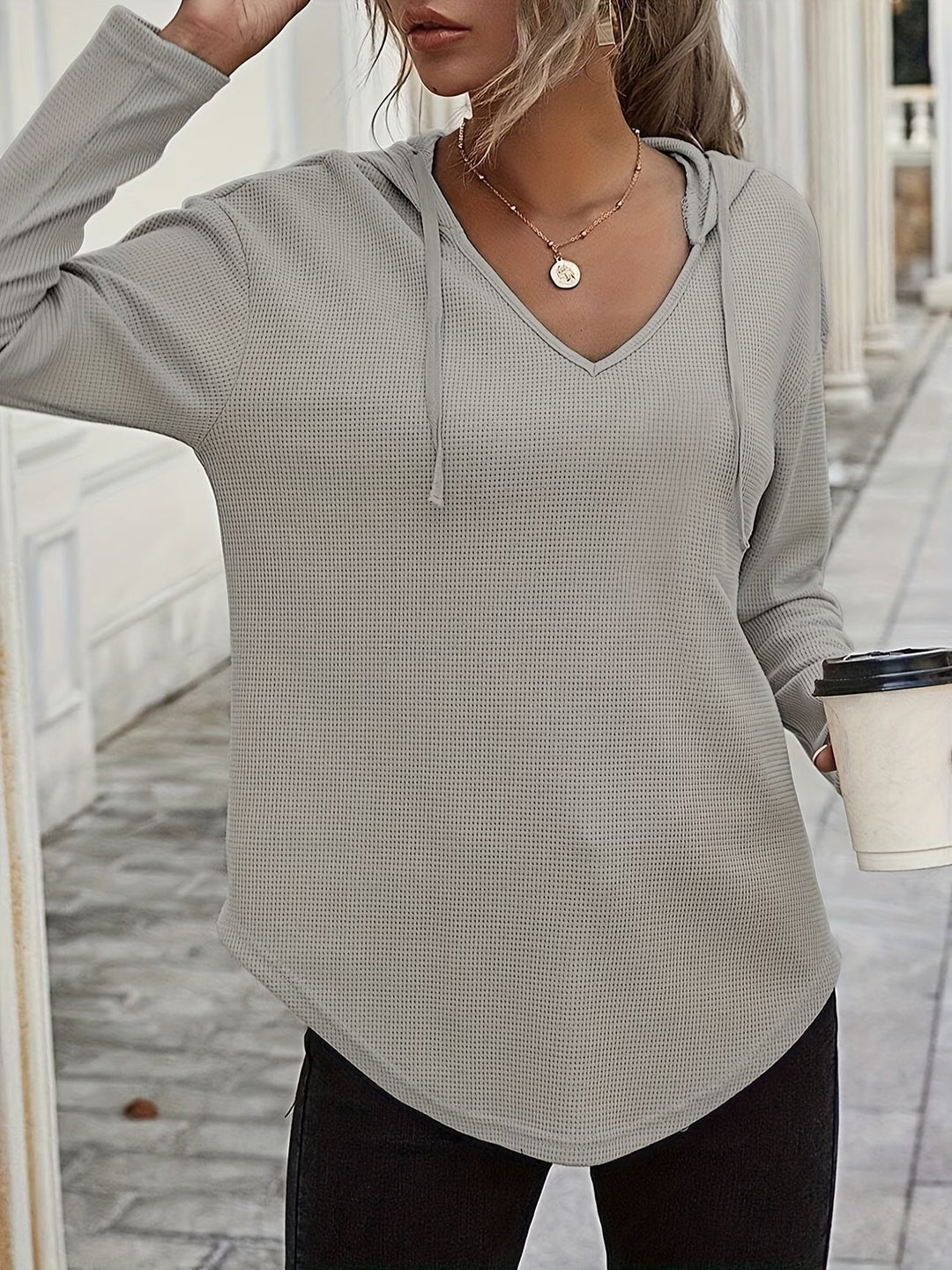 Seonie - Manga Larga Cuello en V Sudadera Con Capucha