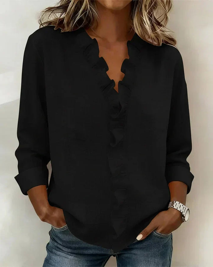 Pabasari - Elegante Blusa Con Cuello en V y Delicados Volantes