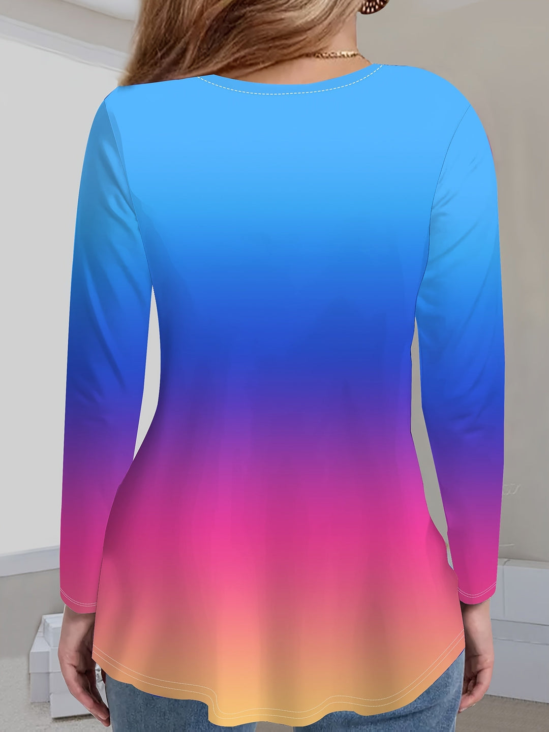 Samli - Camiseta De Manga Larga Con Cuello en V Y Diseño Degradado