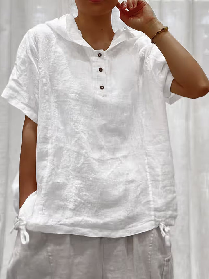 Bouchra - Camisa Holgada De Manga Corta De Color Liso Con Capucha Y Botones en La Parte Delantera