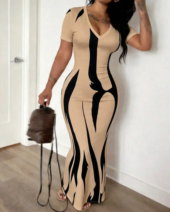 Vionia - Vestido Ajustado a Rayas Con Cuello En V