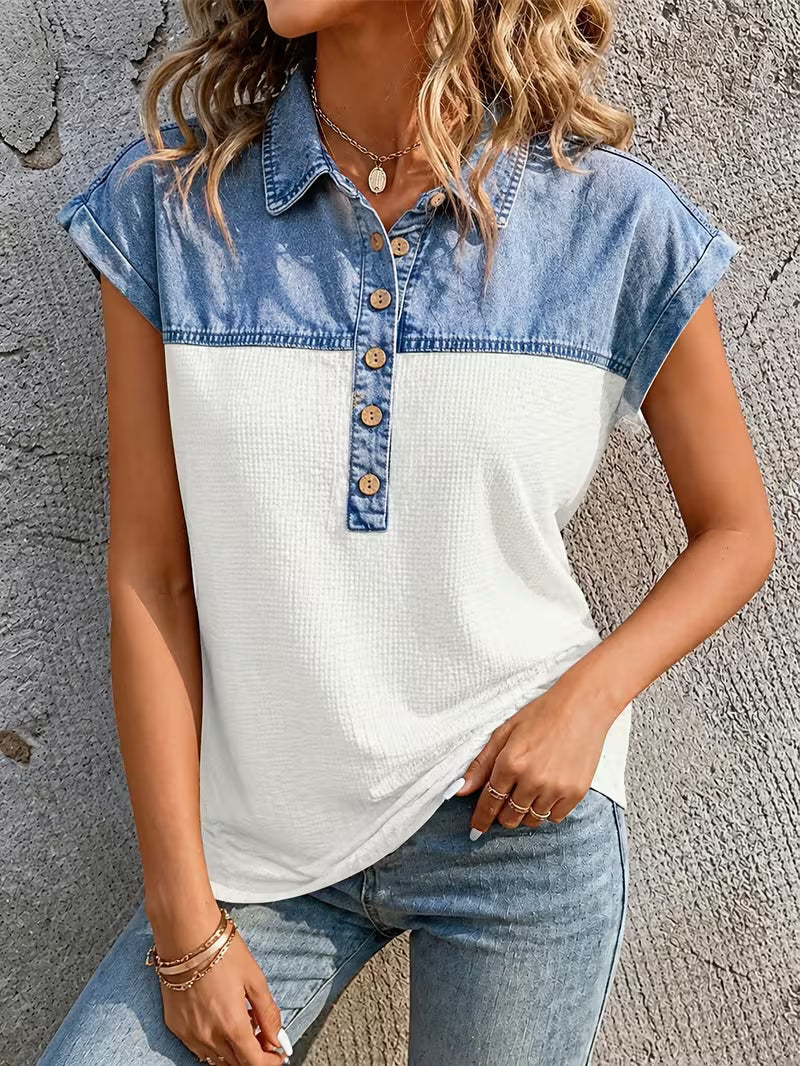 Haily - Camiseta Informal de Denim con Cuello de Patchwork y Manga Corta