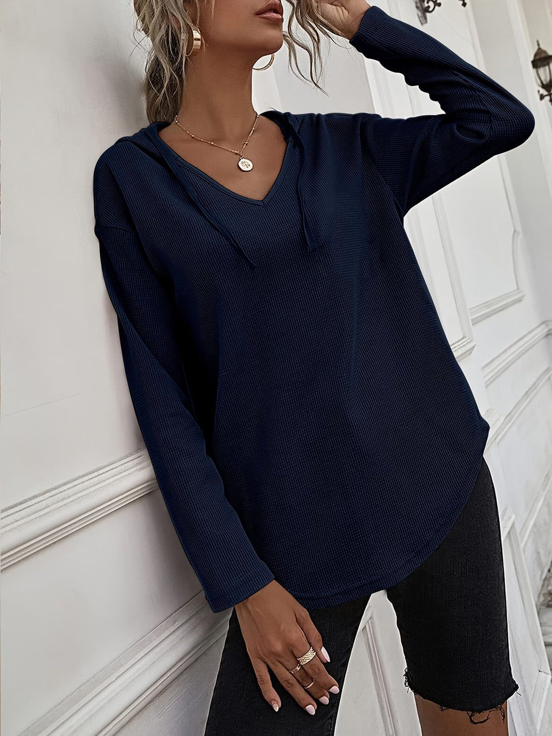 Seonie - Manga Larga Cuello en V Sudadera Con Capucha