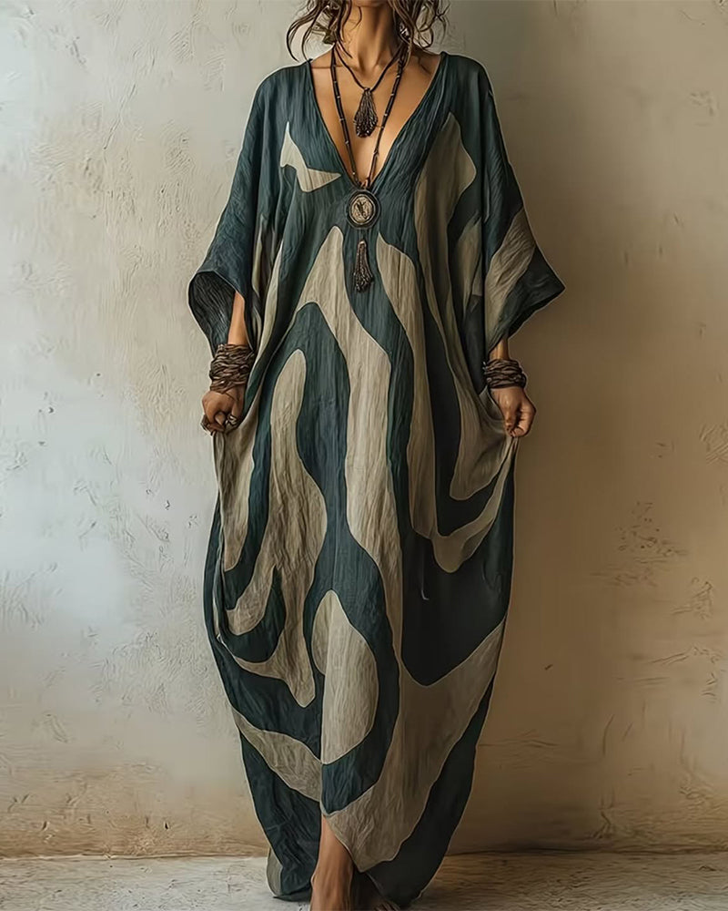 Valarien - Vestido Largo Holgado Con Cuello en V Y Estampado Abstracto