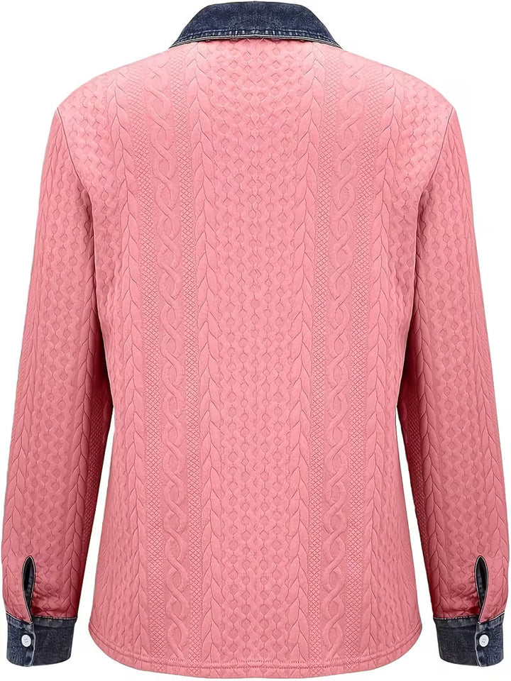 Eryna - Camiseta de Manga Larga Con Punto Trenzado y Cuello de Vaquero