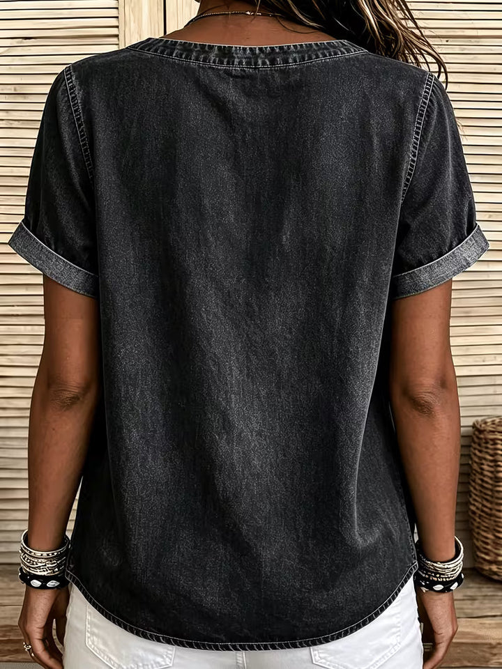 Ferina - Camiseta Vaquera De Manga Corta Con Efecto Desgastado