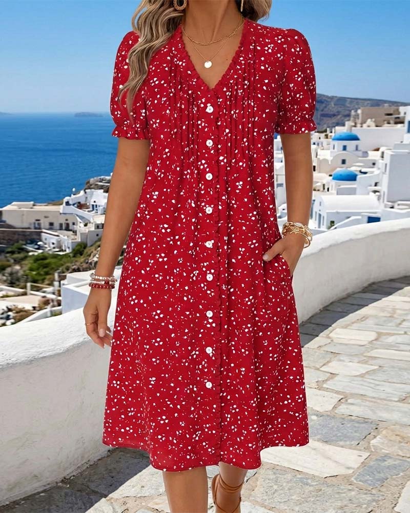 Dayma - Vestido Floral Con Cuello en V Y Botones en La Parte Delantera