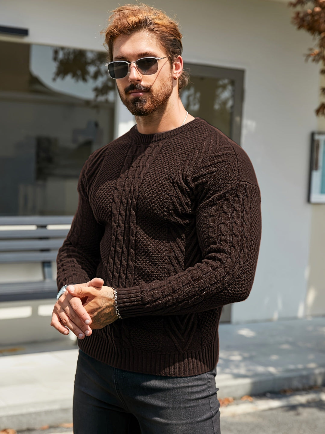 Eiduks - Jersey Clásico de Cuello Redondo Con Punto Trenzado