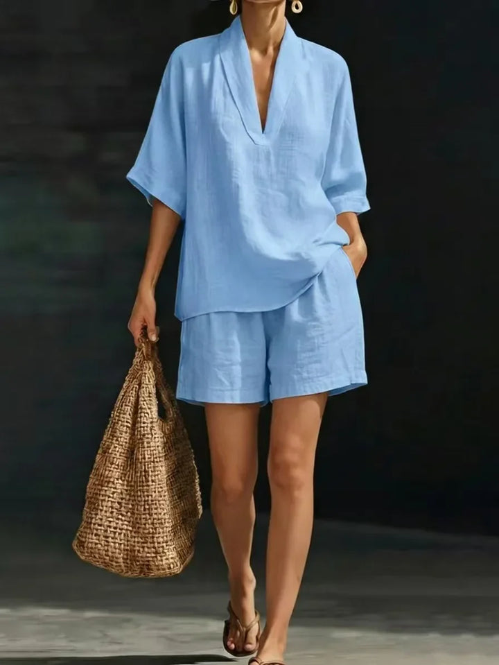 Silvani - Conjunto De Camiseta Informal De Algodón Con Cuello en V Y Pantalones Cortos