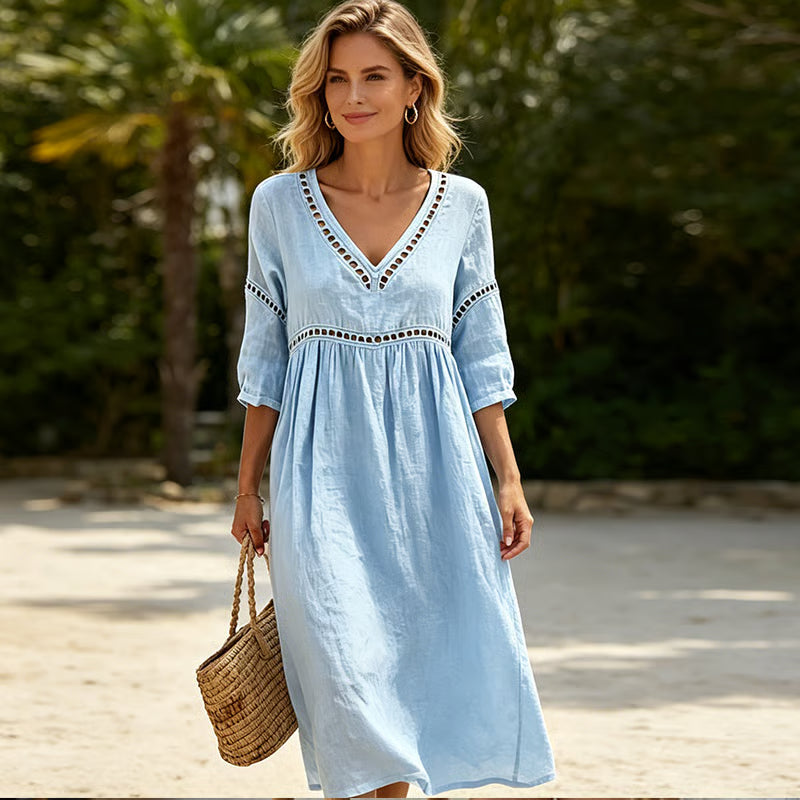 Mikela - Vestido Midi Con Cuello en V Y Adornos Calados