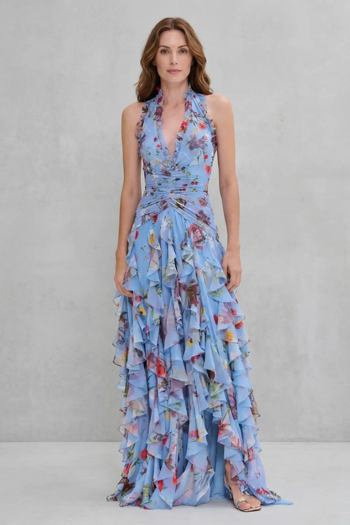 Eliora - Vestido Largo Con Cuello Halter y Estampado Floral En Cascada