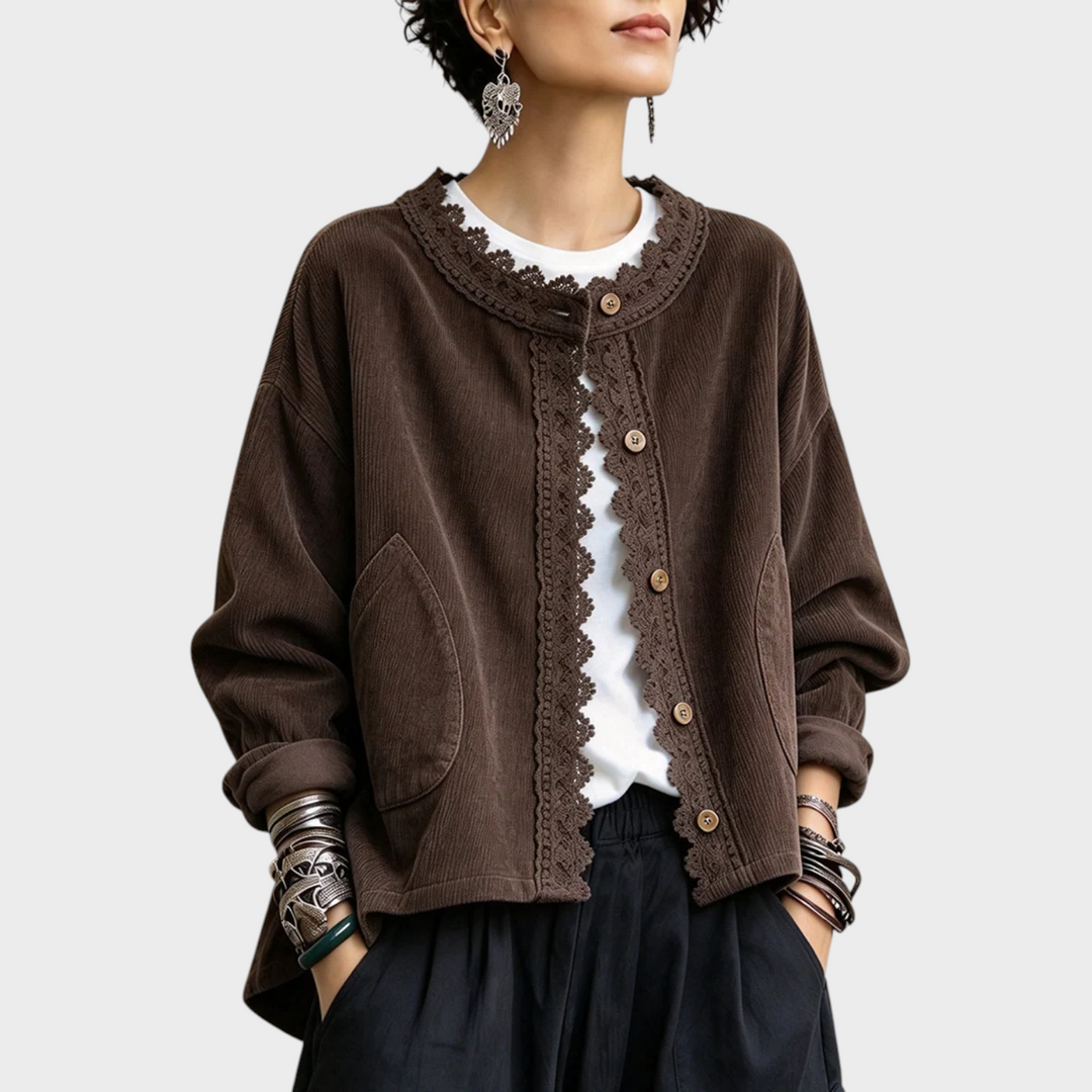 Vanwa - Elegante Chaqueta De Manga Larga Con Ribete De Encaje