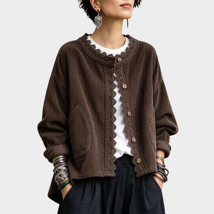 Vanwa - Elegante Chaqueta De Manga Larga Con Ribete De Encaje