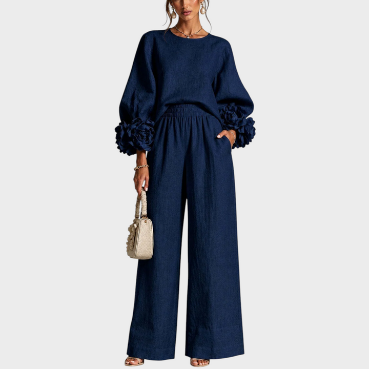 Mersada - Conjunto de Pantalón de Pierna Ancha y Manga Larga Con Puños Florales