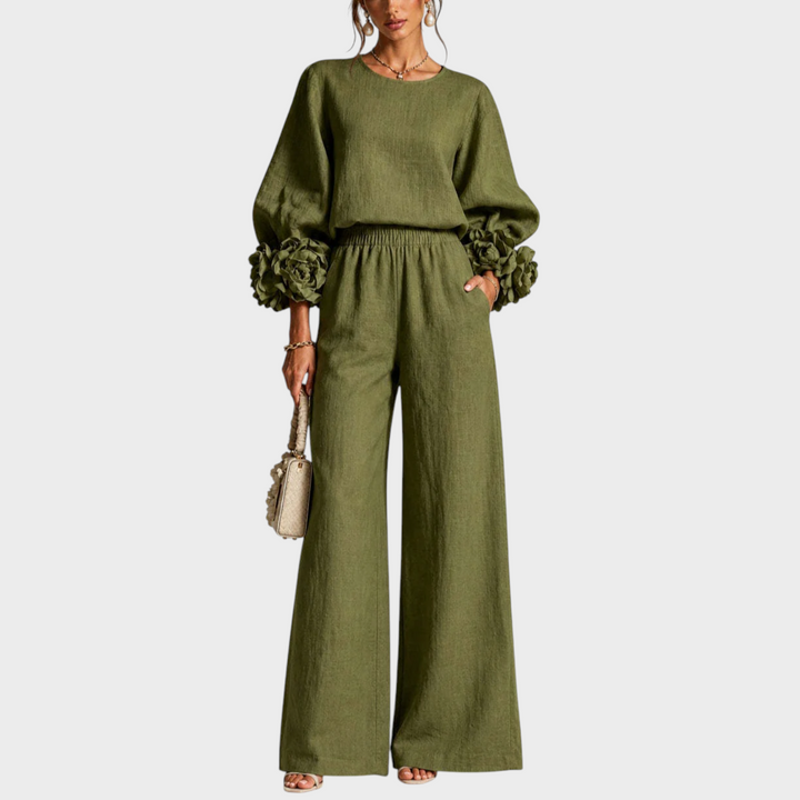 Mersada - Conjunto de Pantalón de Pierna Ancha y Manga Larga Con Puños Florales