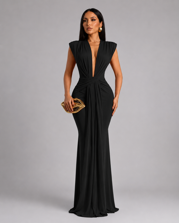 Femke - Vestido Largo Con Cuello en V y Fruncidos
