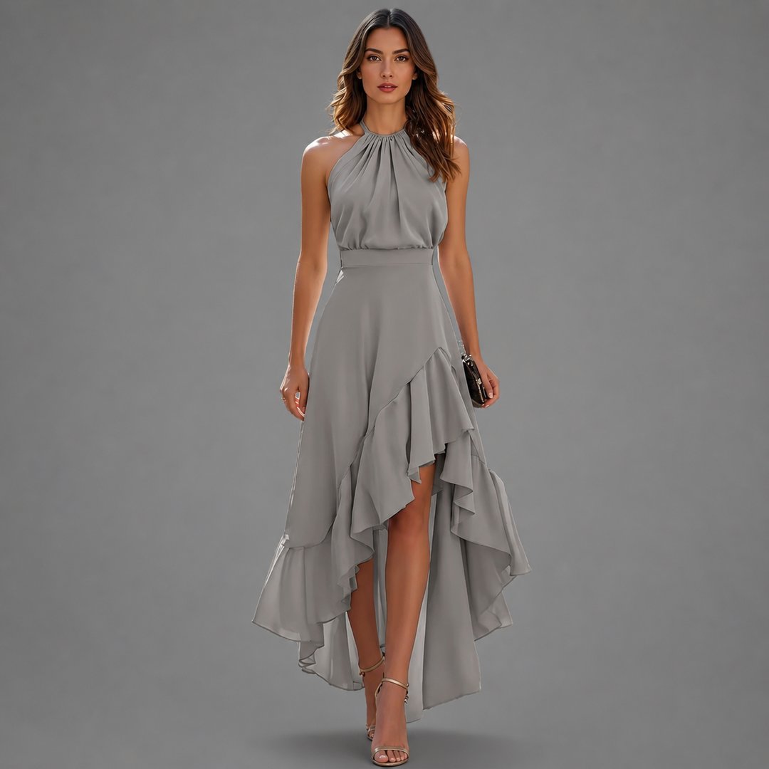 Benetou - Vestido Largo Asimétrico Con Volantes Y Escote Halter