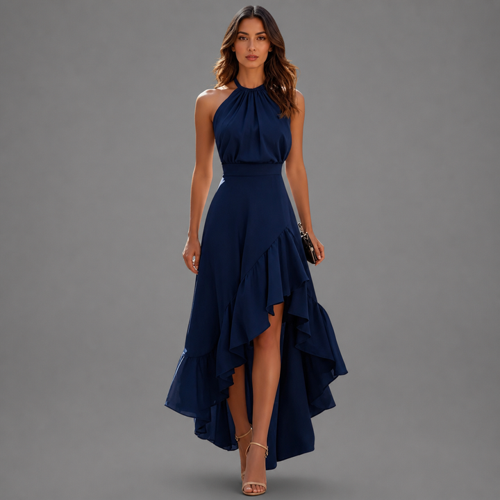 Benetou - Vestido Largo Asimétrico Con Volantes Y Escote Halter
