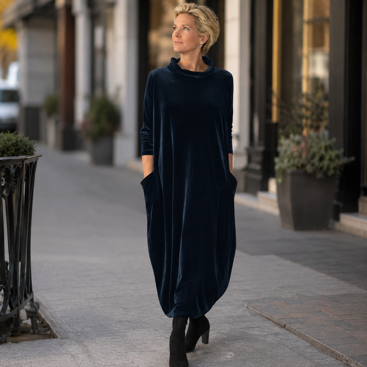 Lellina - Vestido Largo Holgado De Terciopelo Con Cuello Alto