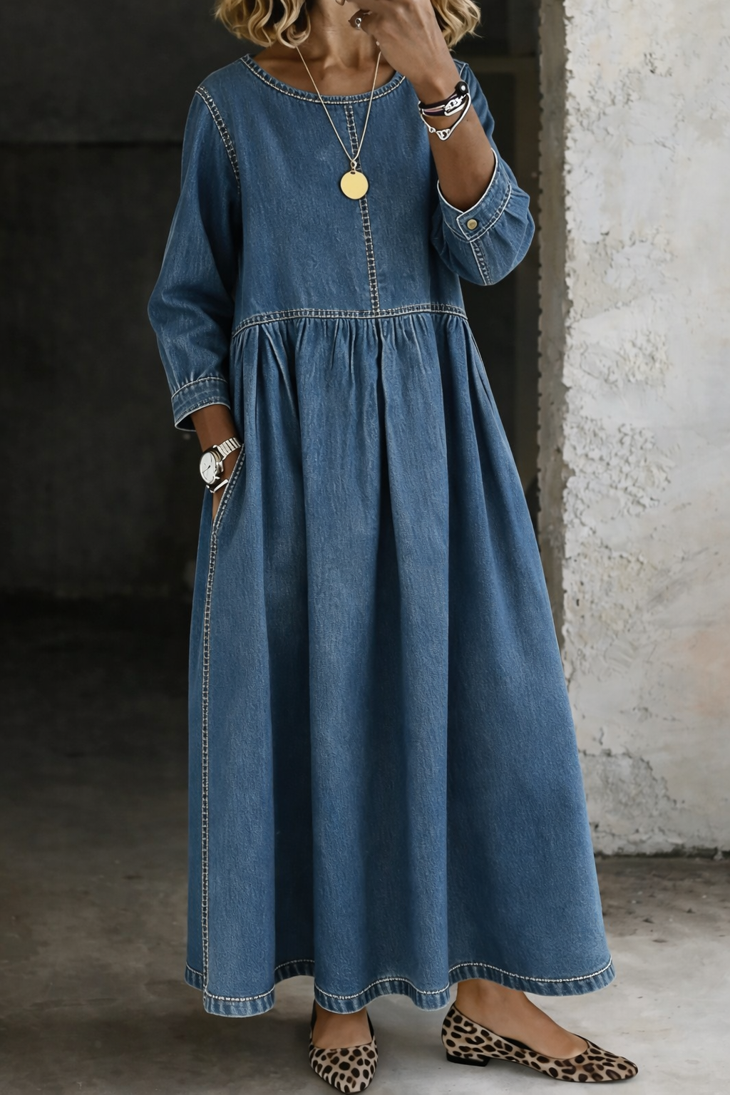 Stelzer - Vestido Largo De Denim Con Cuello Redondo