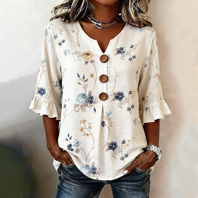 Kulap - Blusa Floral Abotonada Con Mangas Con Volantes