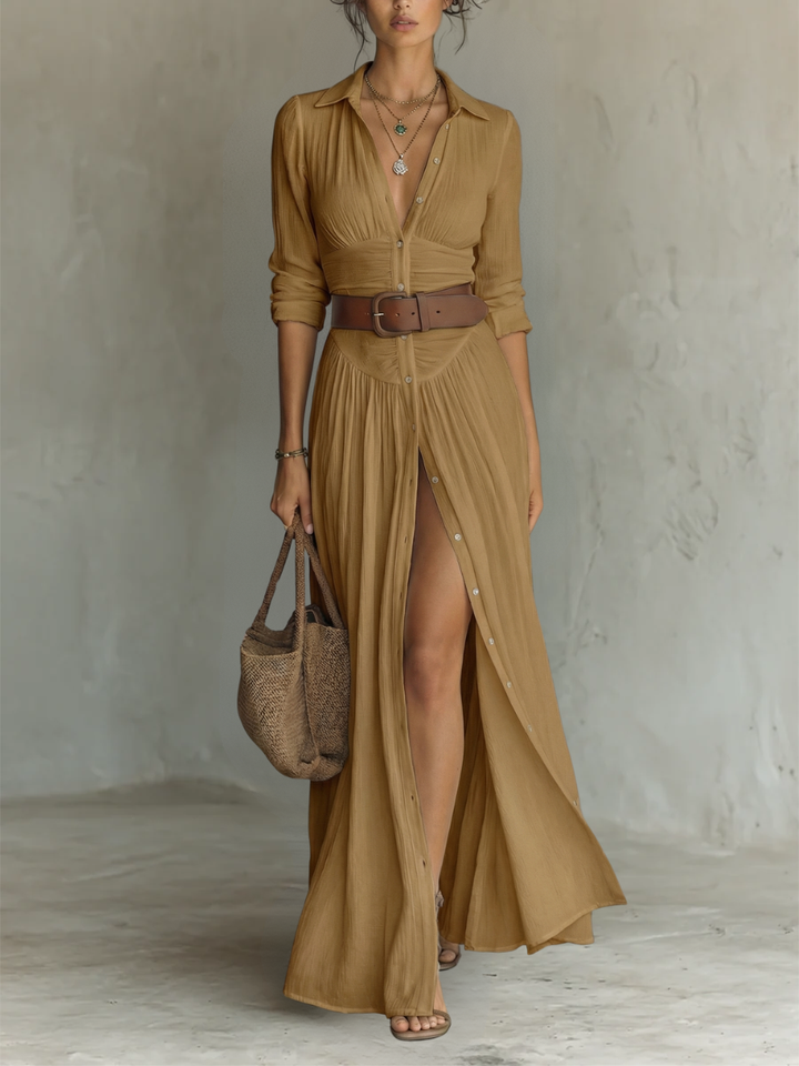 Sewmini - Vestido largo de Lino Con Cuello Con Solapa