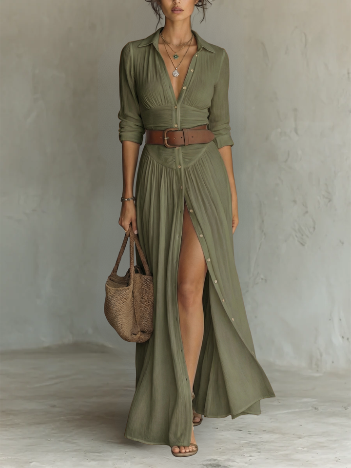 Sewmini - Vestido largo de Lino Con Cuello Con Solapa
