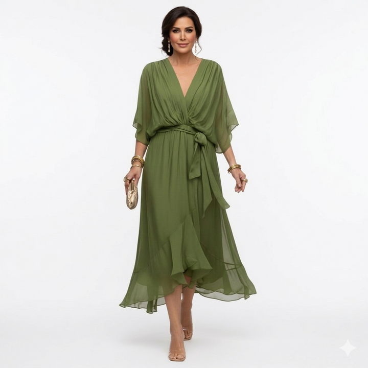 Zagda - Elegante Vestido Midi Con Cuello en V