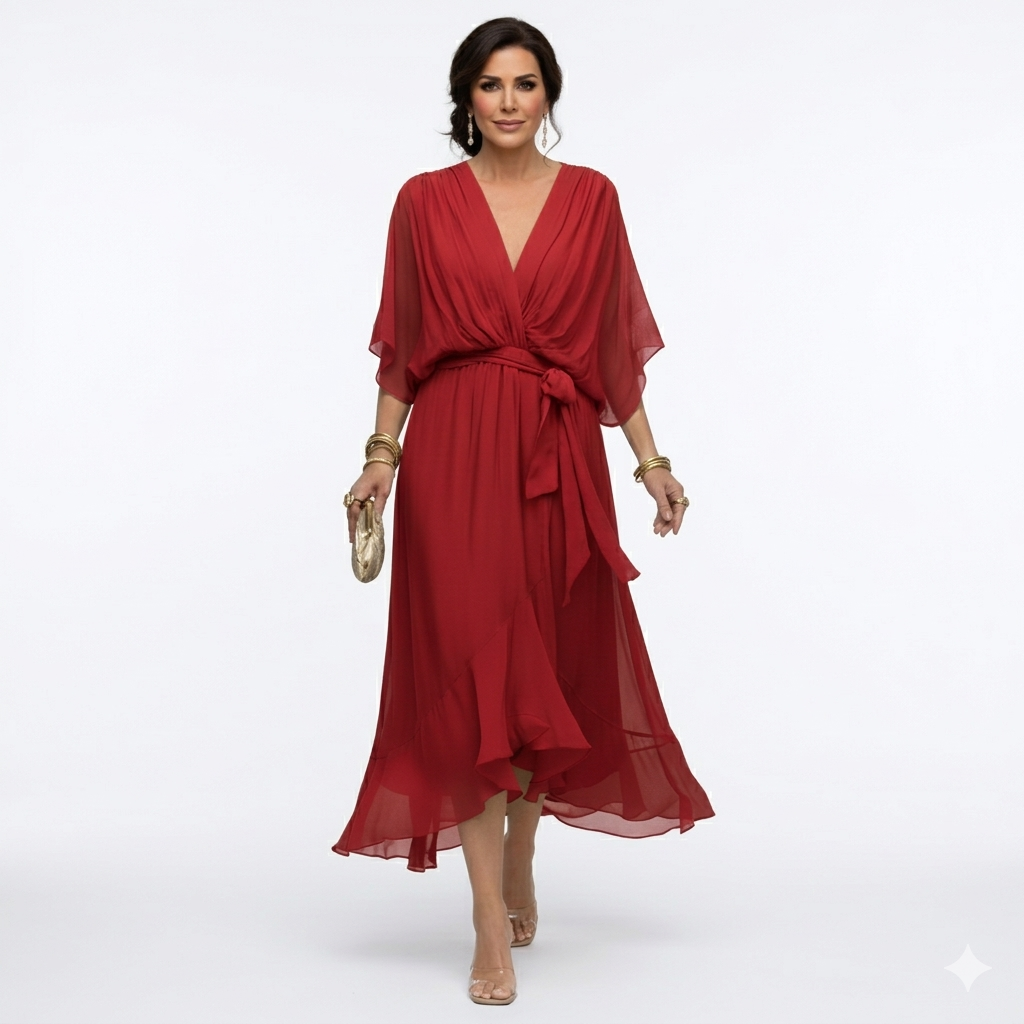 Zagda - Elegante Vestido Midi Con Cuello en V