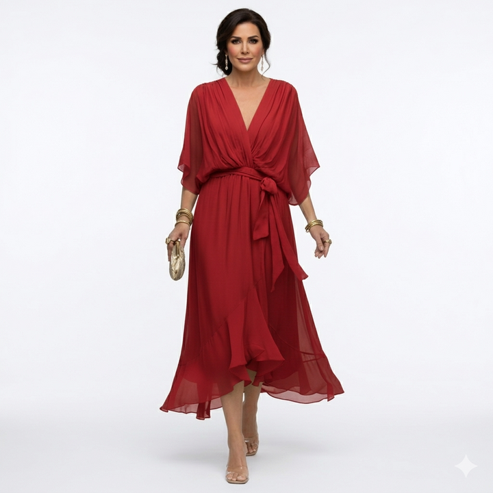 Zagda - Elegante Vestido Midi Con Cuello en V