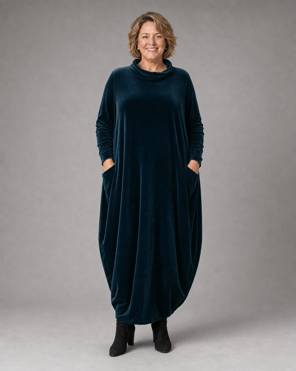 Lellina - Vestido Largo Holgado De Terciopelo Con Cuello Alto