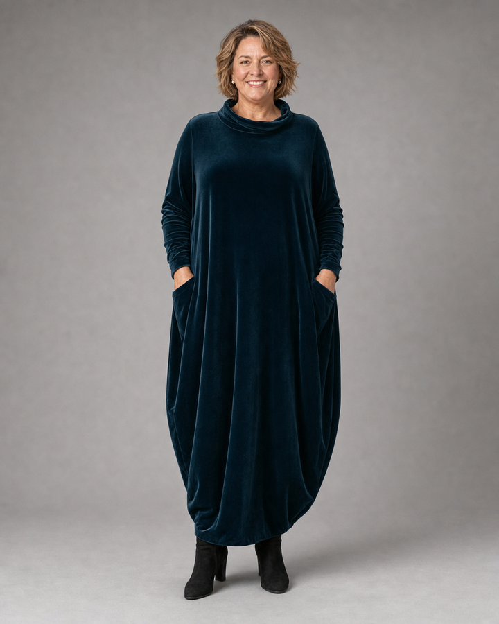Lellina - Vestido Largo Holgado De Terciopelo Con Cuello Alto