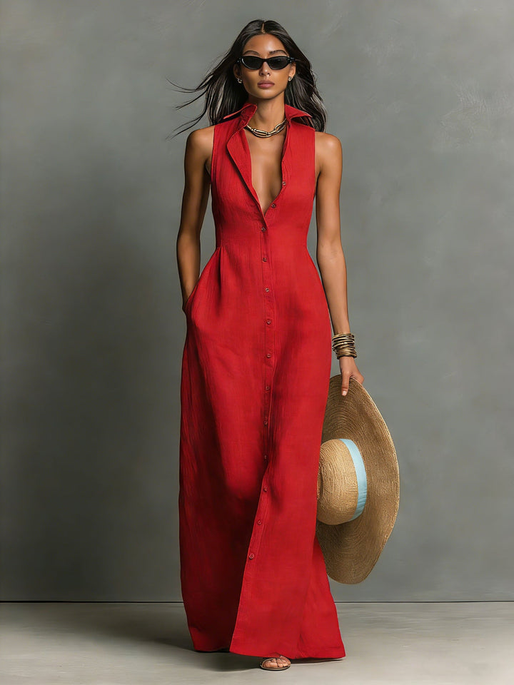 Hani - Vestido Camisero De Lino Con Botones en El Pecho