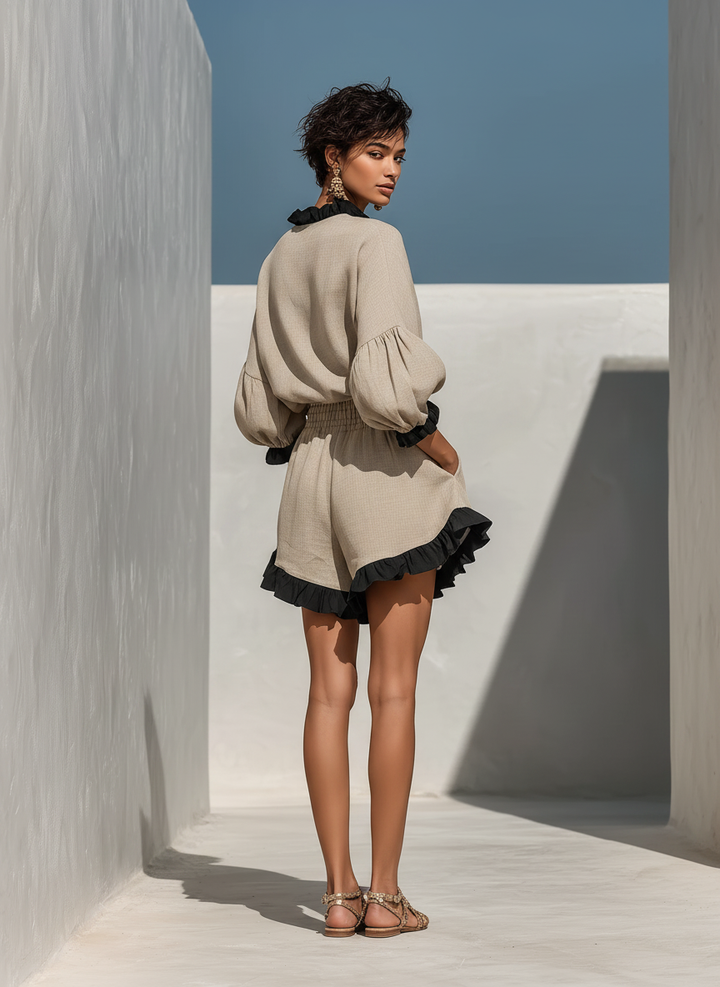 Simi - Blusa y Pantalones Cortos Con Ribete De Volantes De Lino