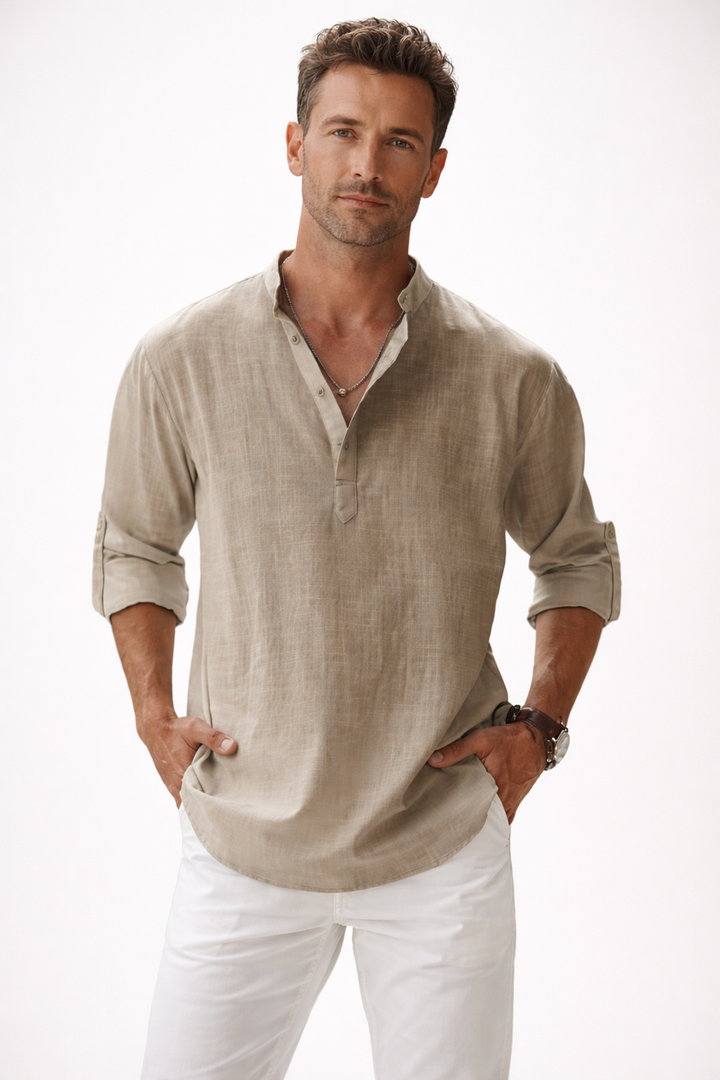 Galeazzo - Camisa De Algodón y Lino De Manga Larga