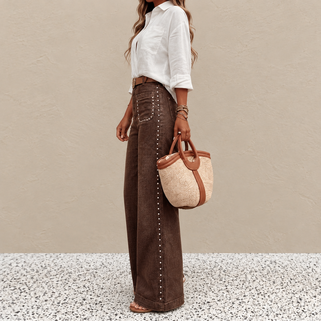 Magryta - Pantalones de Pierna Ancha Con Tachuelas