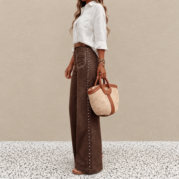 Magryta - Pantalones de Pierna Ancha Con Tachuelas
