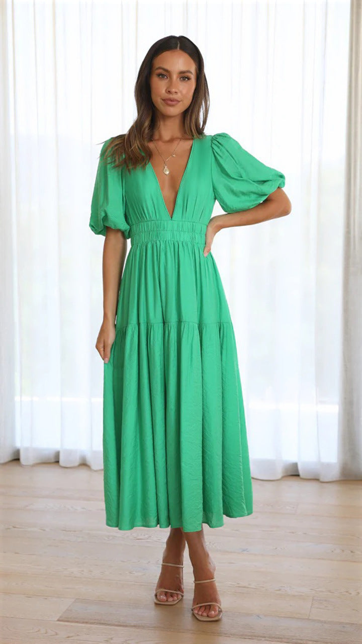Delphine - Elegante Vestido Midi Con Cuello en V Y Mangas Con Volantes