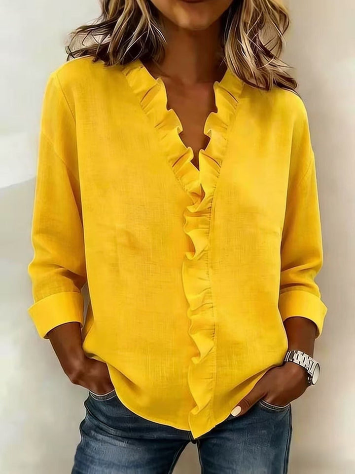 Pabasari - Elegante Blusa Con Cuello en V y Delicados Volantes