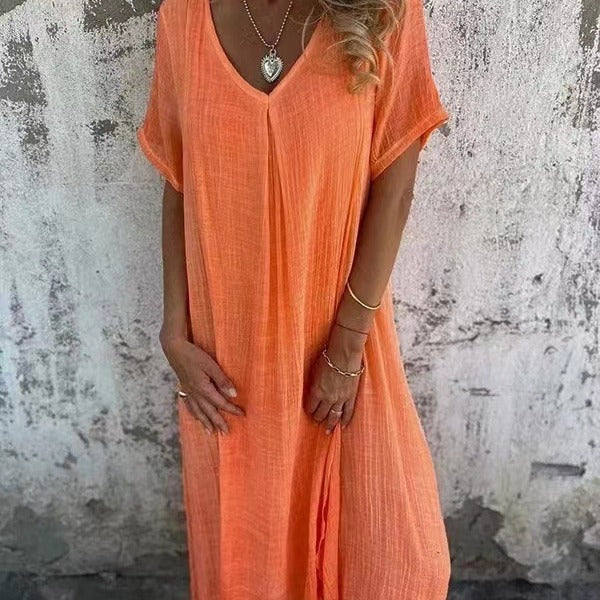 Naduni - Elegante Vestido de Algodón y lino Con Cuello en V