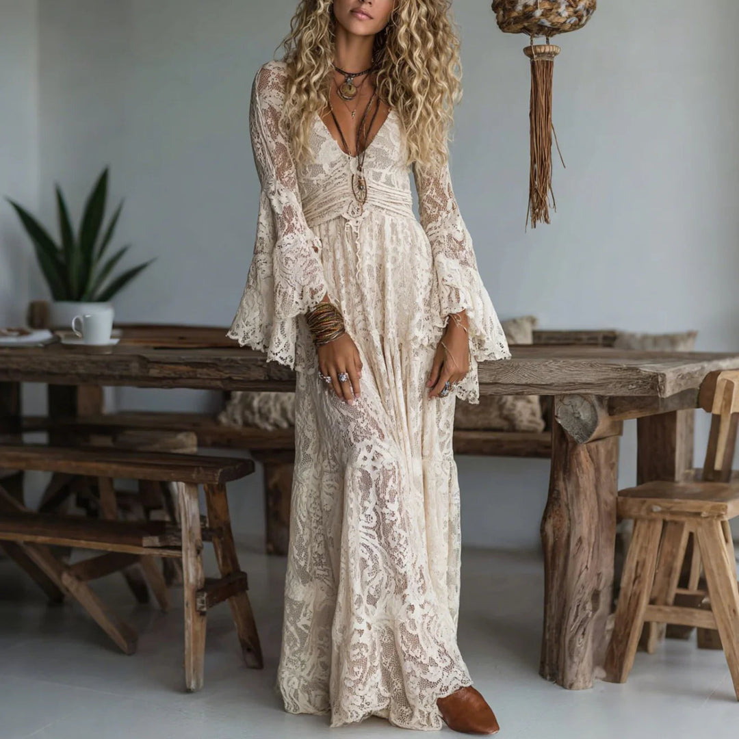 Chariya - Vestido Largo Bohemio De Encaje Floral Con Mangas Acampanadas