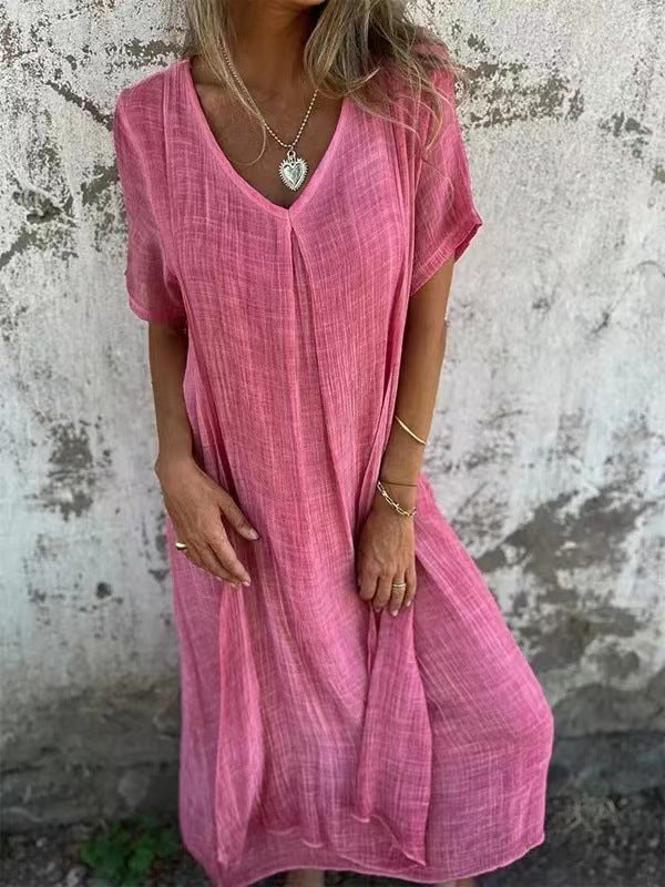 Naduni - Elegante Vestido de Algodón y lino Con Cuello en V