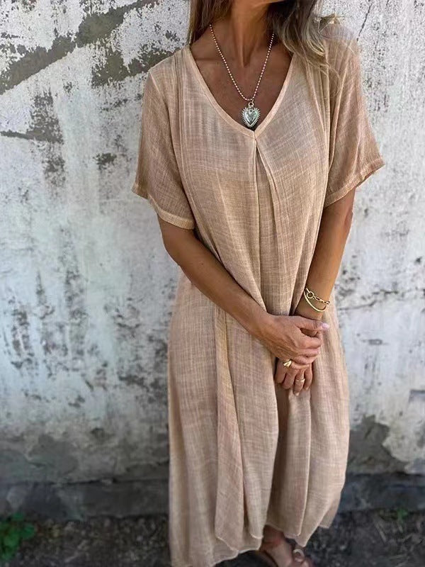 Naduni - Elegante Vestido de Algodón y lino Con Cuello en V