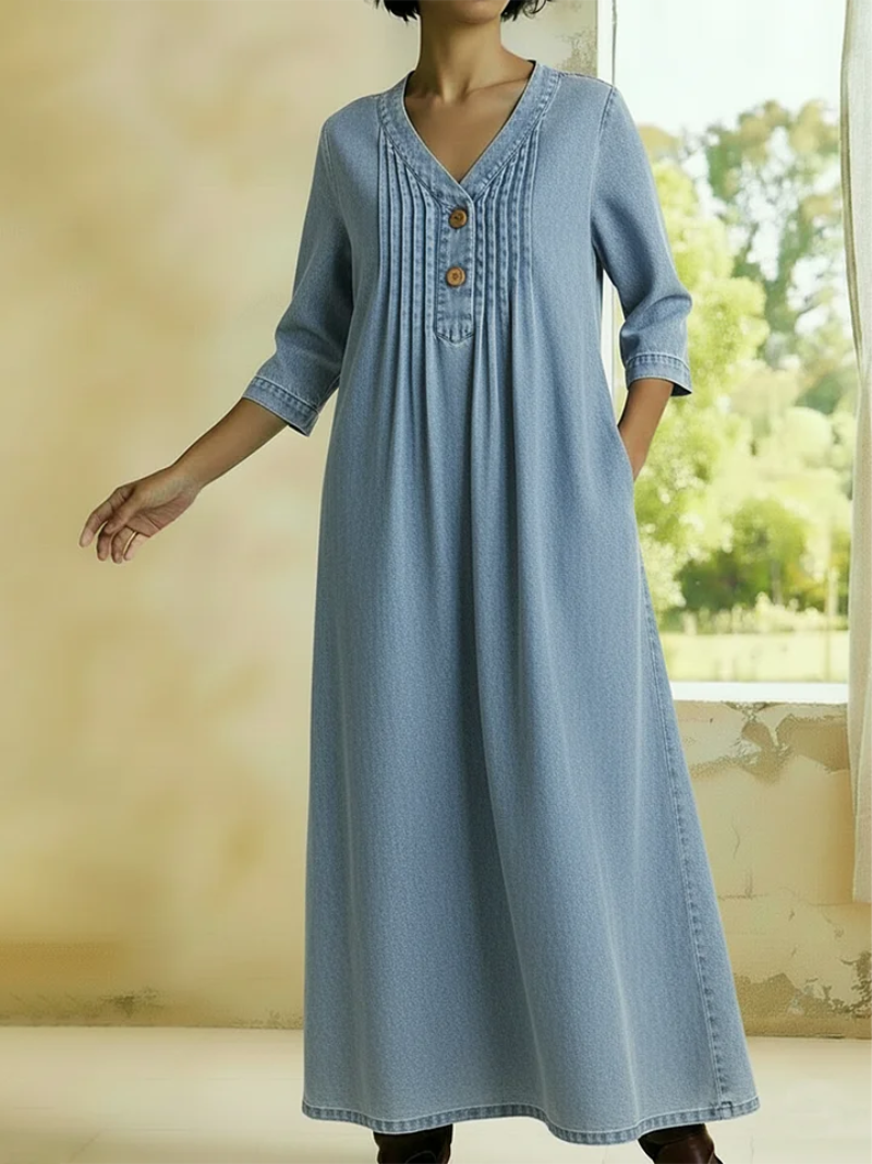 Danjela - Vestido Vaquero Con cuello En V y Botones