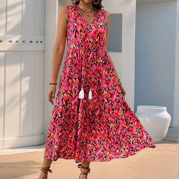 Minhee - Vestido Largo Sin Mangas Con Estampado Abstracto Y Corte Escalonado