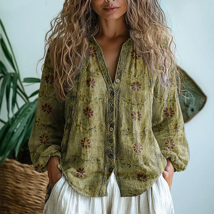 Ereinaa - Camisa Elegante Con Estampado Vintage De Hojas