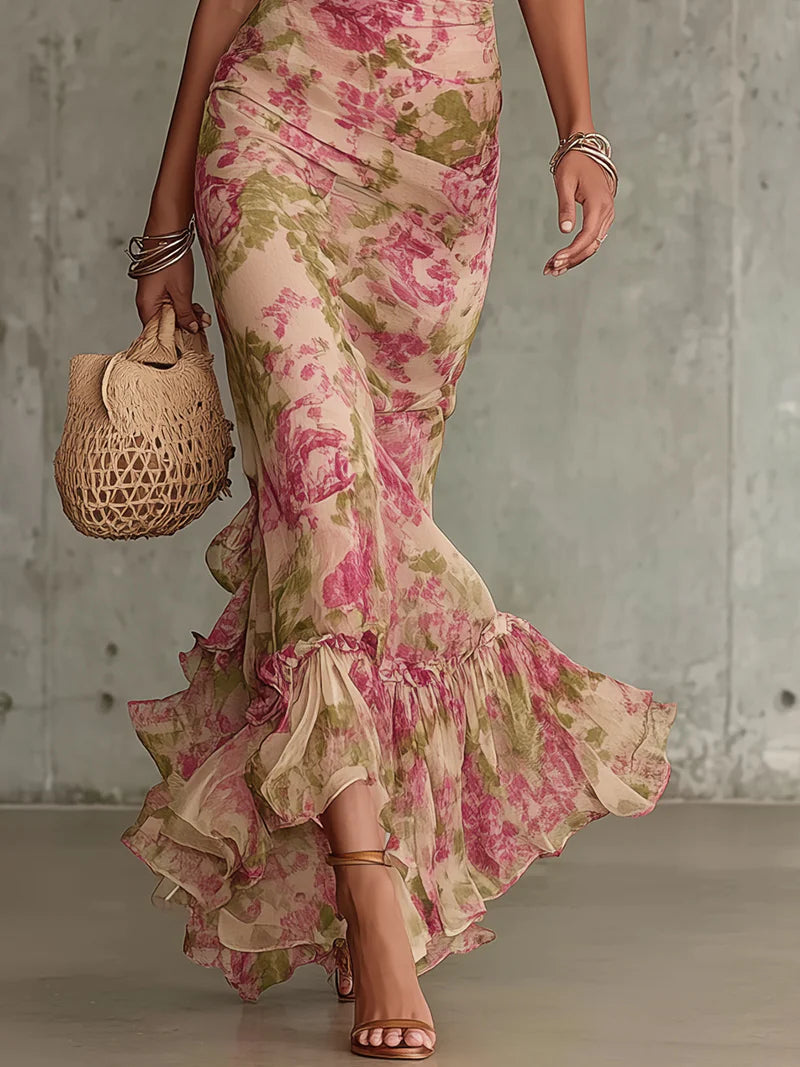 Erikka - Vestido Floral De Gasa Con Volantes En El Bajo